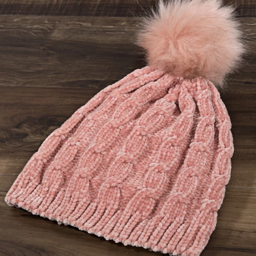 Blush Pink Chenille Cable Knit Beanie - Picture 2 of 2